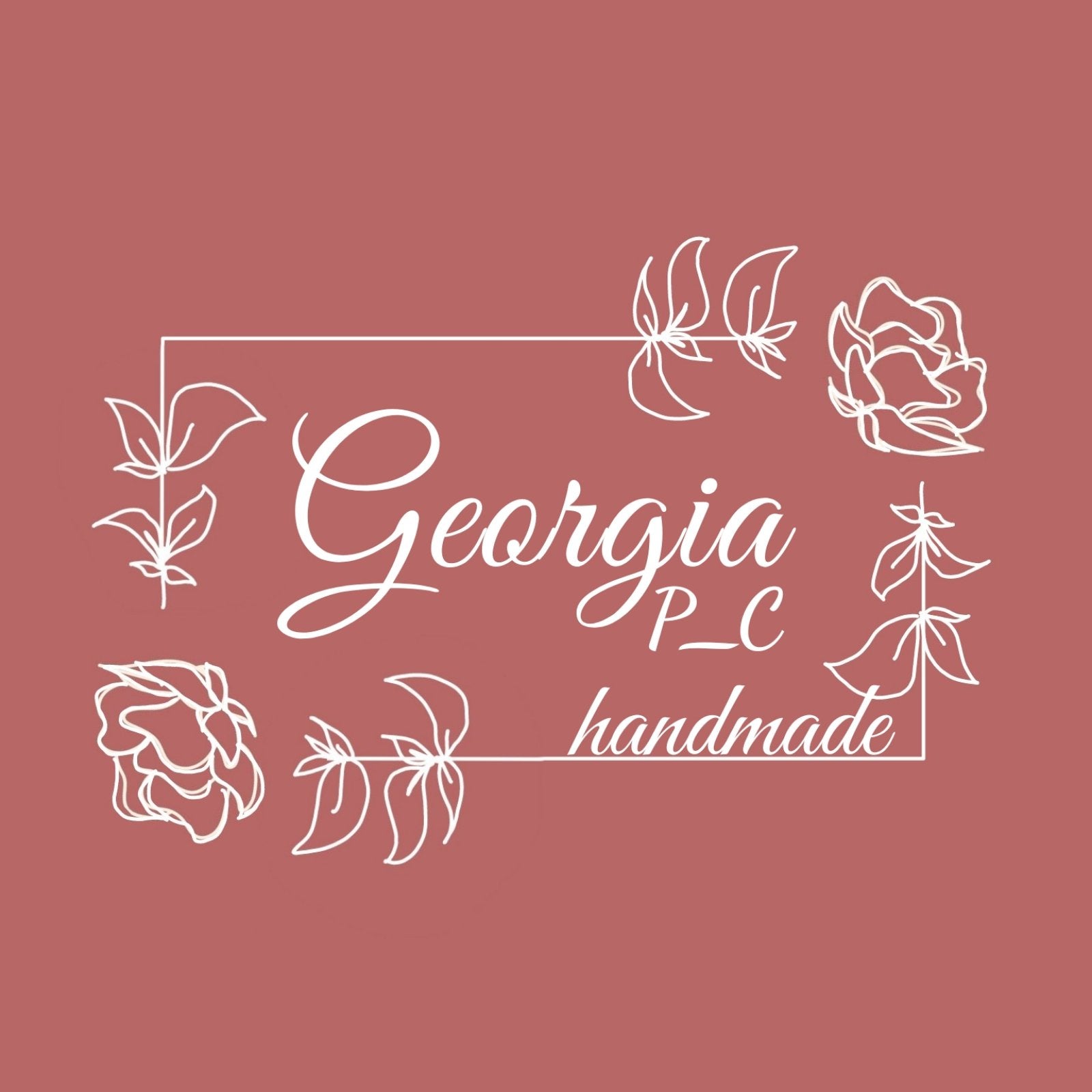 image of the logo: Georgia P_C handmade. The name is in the centre in a calligraphic font, it has a rectangle outline of flowers and leafs