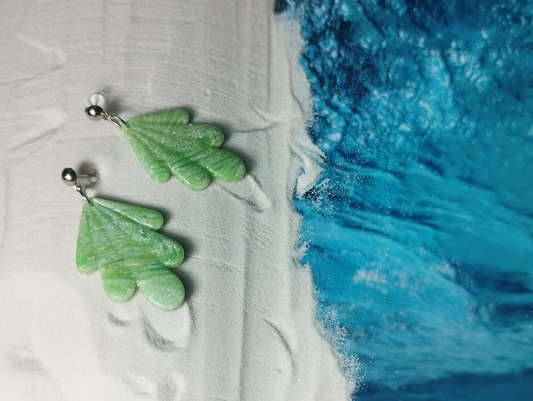 Handmade Polymer Clay Earrings in a combination of darker and lighter green colours with silver sparkles covered with UV Resin for added shine.