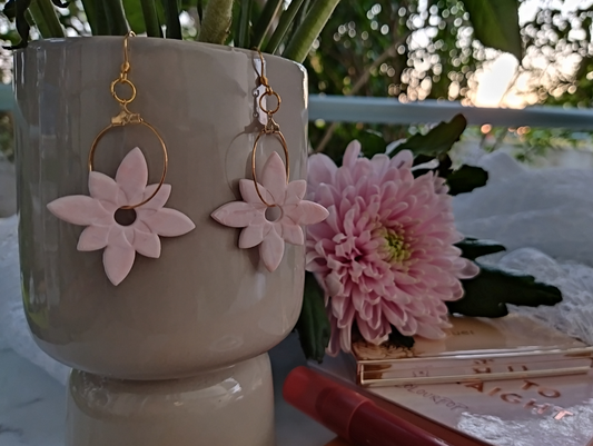 Clematis Flower Dangle Light Pink and White with Embossing Handmade Polymer Clay Earrings. The base is a Stainless Steel Earring Hook in gold colour attached with a gold colour jump ring to an opening hanging ring that has the Clematis flower hanging from it. The Clematis flower has eight petals. It has an embossing flower with eight petals near the middle and a hole in the middle of it.