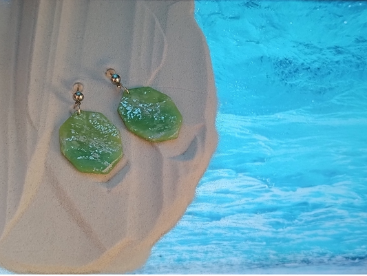 Prasino Octagon Handmade Polymer Clay Earrings. The base of the Earrings is a Round Silver colour Stainless Steel Stud Earring with a Loop attached which is attached to an Octagon shape in a combination of darker and lighter green colours with silver sparkles.